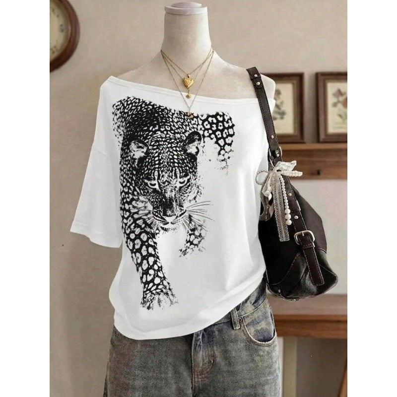 fashion style off-shoulder short-sleeved t-shirt women's leopard print printinglooseslimming looksummernew arrivalfashioneasiest for matchtops