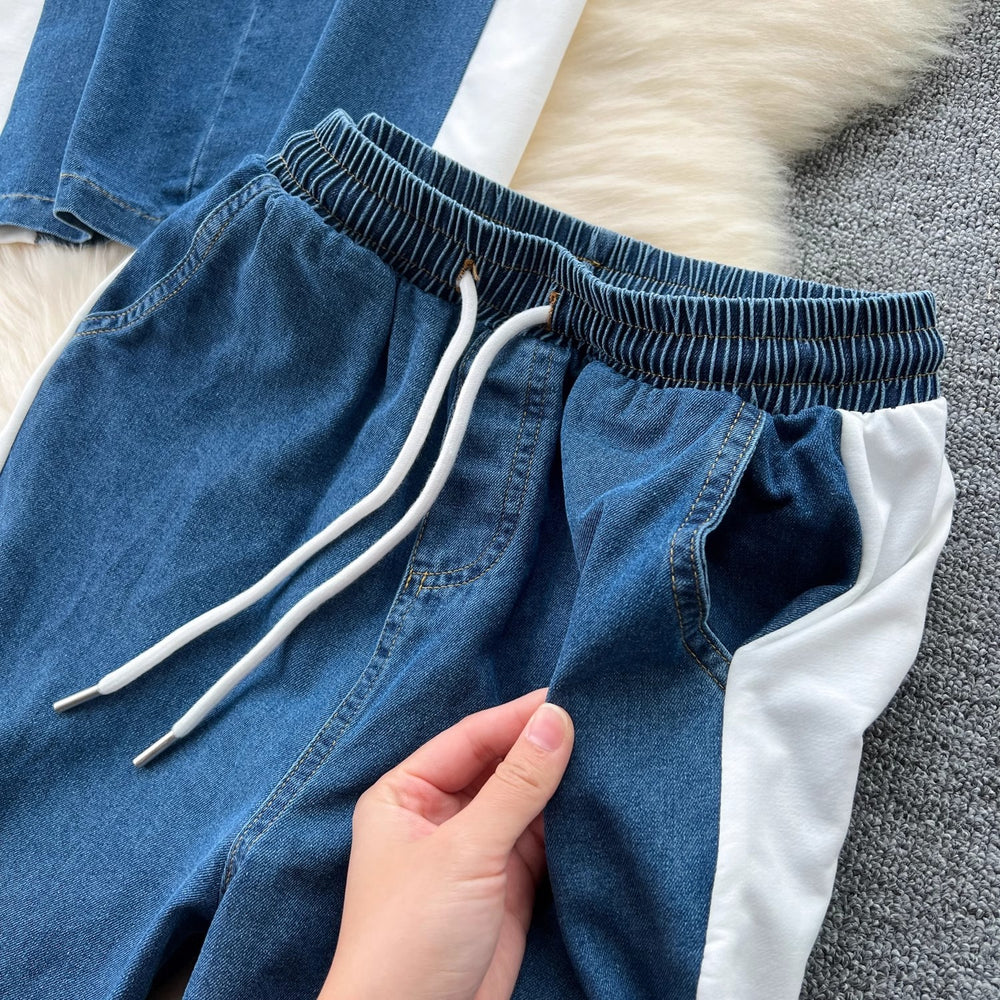 Chic hong kong style women's two-piece set: designer short-sleeve t-shirt with denim patchwork top + high-waisted casual straight-leg pants