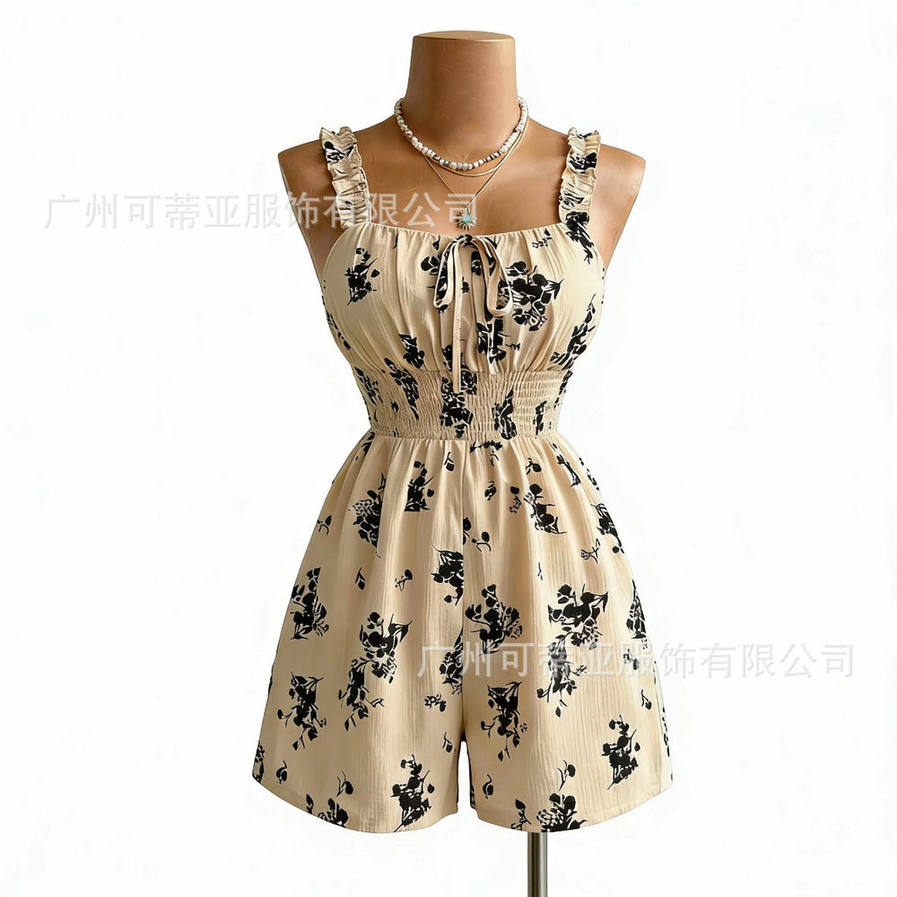 cross-border fashion summer french floral suspender jumpsuit new arrival waist one-piece dropshipping