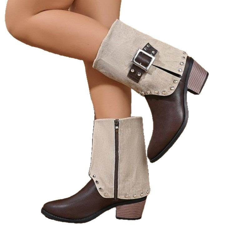 Plus size women's ankle boots for export - new autumn/winter  collection: stylish studded side-zip chunky heel metal buckle booties