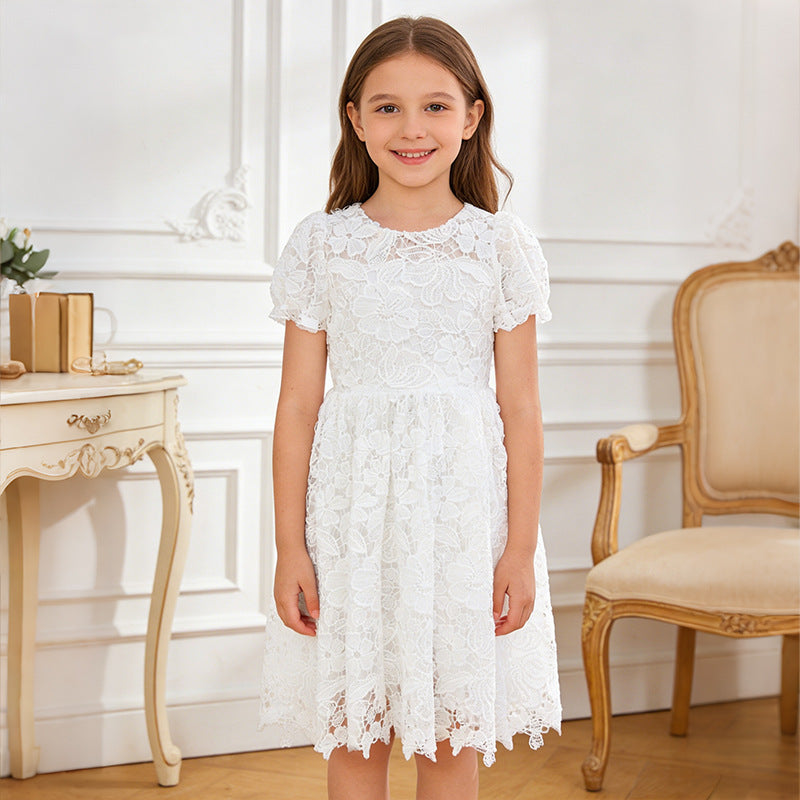 wholesale girls' dresses: lace-trimmed midi skirts, white minimalist style, children's clothing
