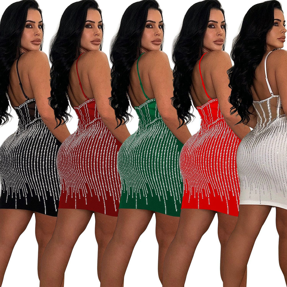 C6753 cross-border   fashion women's solid color mesh rhinestone camisole mini dress