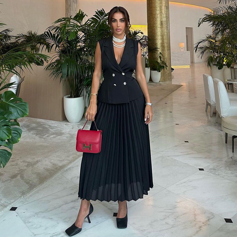 Fashion cross-border women's clothing  summer new arrivalelegant lapel sleeveless double breasted tops pleated skirt casualsuit