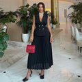 Fashion cross-border women's clothing  summer new arrivalelegant lapel sleeveless double breasted tops pleated skirt casualsuit