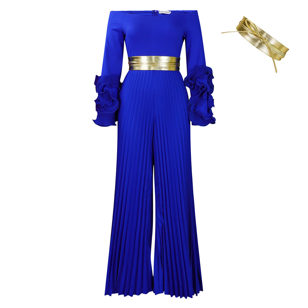 C8611   new fashion one-shoulder ruffle sleeve solid color pleated wide-leg african jumpsuit