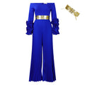 C8611   new fashion one-shoulder ruffle sleeve solid color pleated wide-leg african jumpsuit