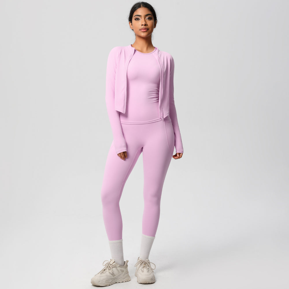 Solid color new outdoor casual quick-dry sports yoga outfit - tight-fitting, butt-lifting, pocketed shorts - fitness naked feel three-piece set
