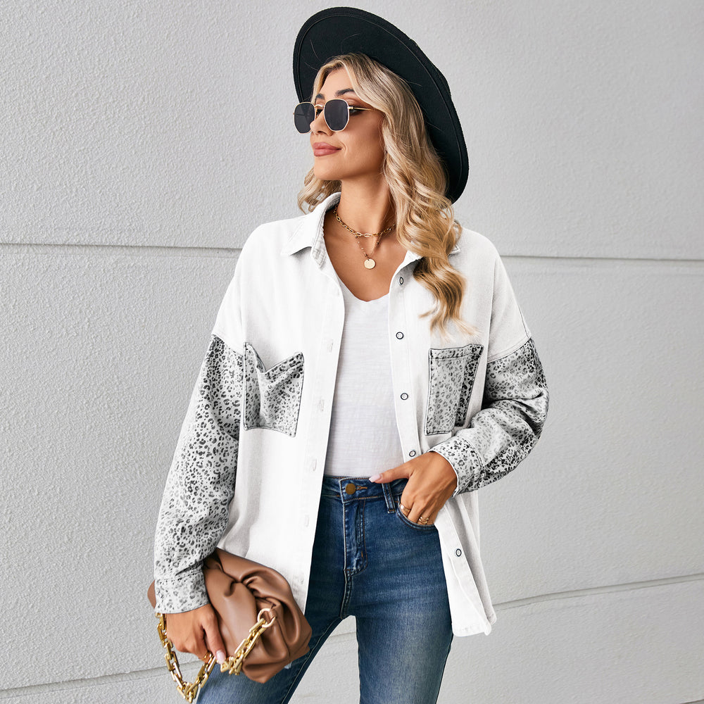 Fashion cross-border trade  independent station new arrivalloose leopard print patchwork denim shirt long-sleeved top cardigan