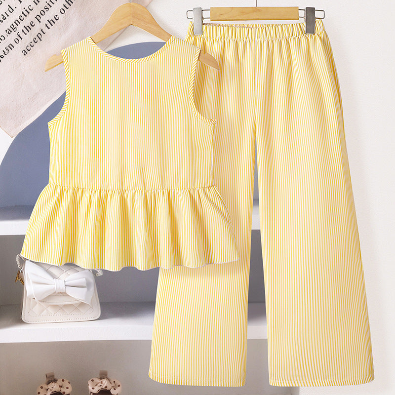 Girls' outfit: foreign trade children's clothing,  summer new fashion striped sleeveless sweet ruffle top and wide-leg pants set