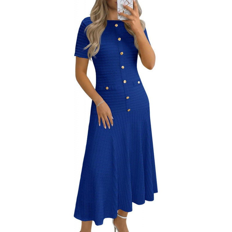 Amazon sweet & spicy  summer casual short-sleeve crew neck versatile button-up textured slim-fit midi dress