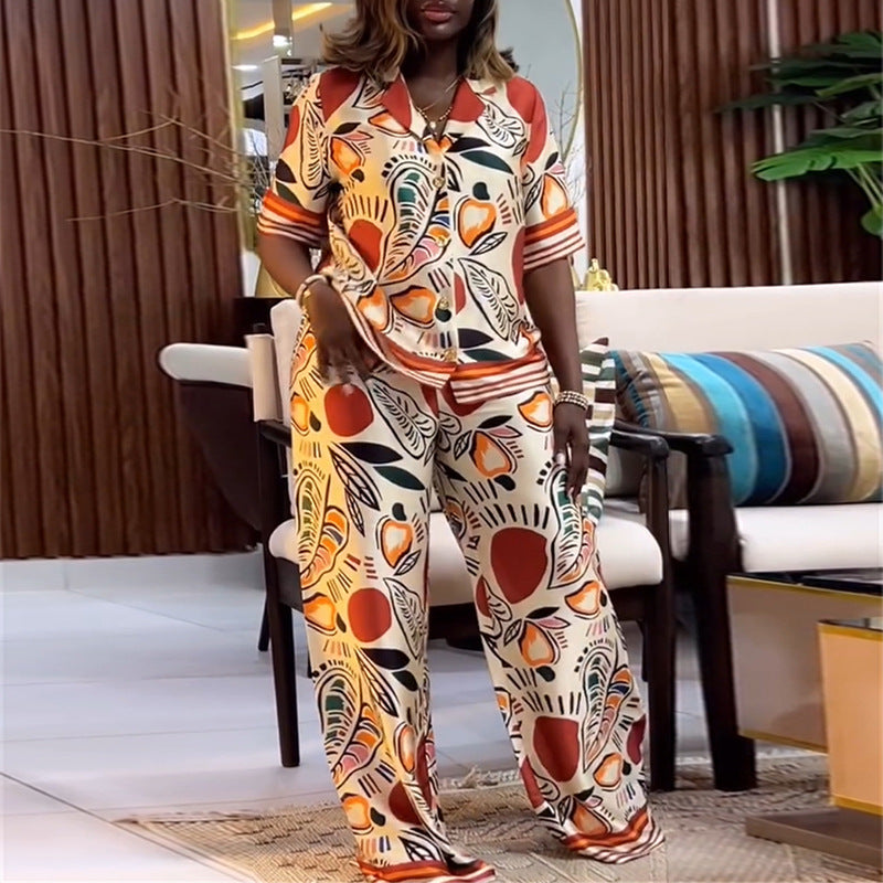 European and american cross-border women's fashion:  autumn new arrival - elegant printed loose-fit short-sleeve shirt and wide-leg pants casual set