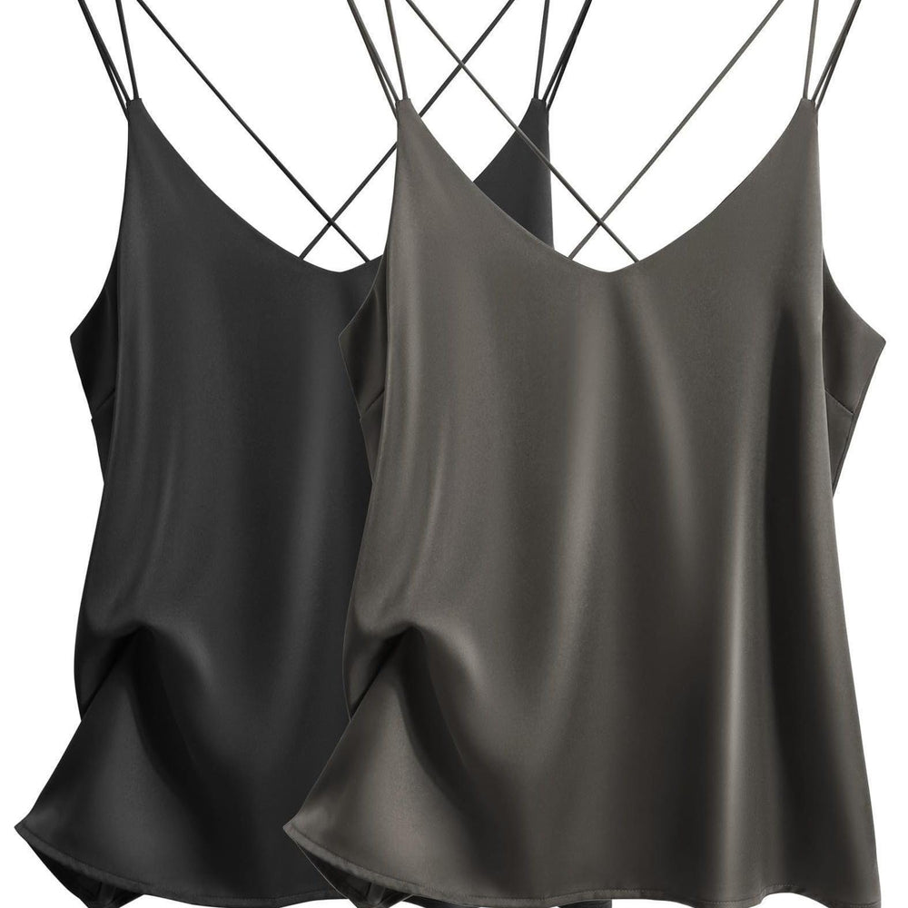 2 pack women's satin camisole v neck cross back sleeves