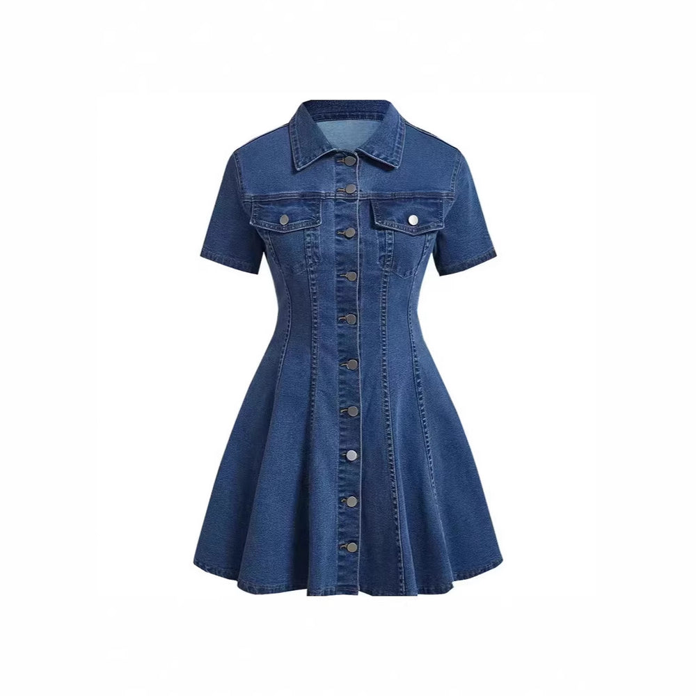 Fashion cross-border women's clothing   independent station new arrival denim short-sleeved cardigan waist dress for women