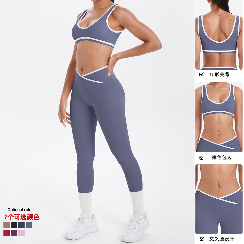 European and american sexy open-back crisscross high-waisted tight butt-lifting activewear set - color block, barely-there feel, running, fitness, yoga outfit for women