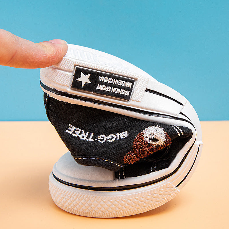 Low-top solid soft-soled baby casual board shoes children's spring new boys and girls breathable cartoon embroidered canvas shoes