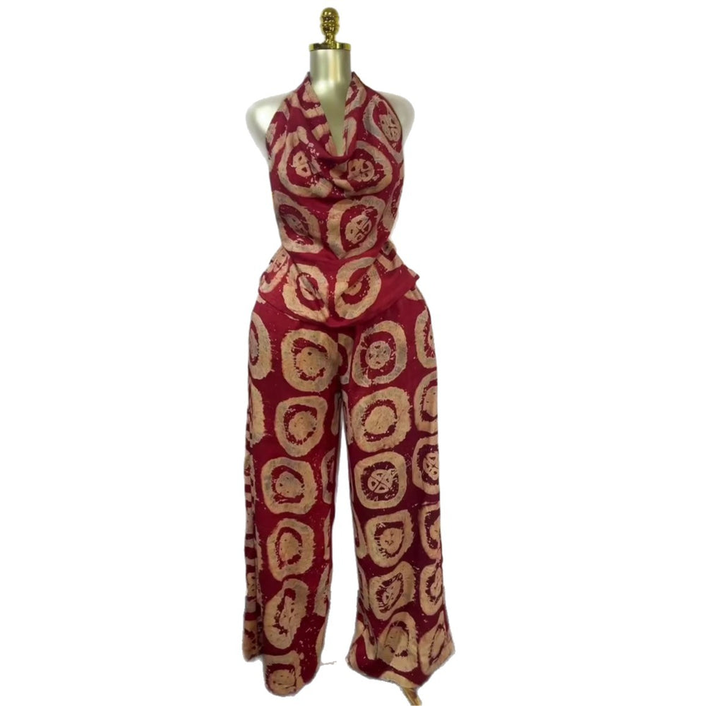 European and american cross-border women's fashion:  summer new collection - vintage print, backless sleeveless top & wide-leg pants set