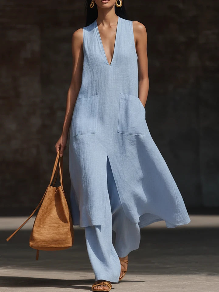 cross-border fashion: new european and american summer women's cotton linen pocket beach shorts and shirt set