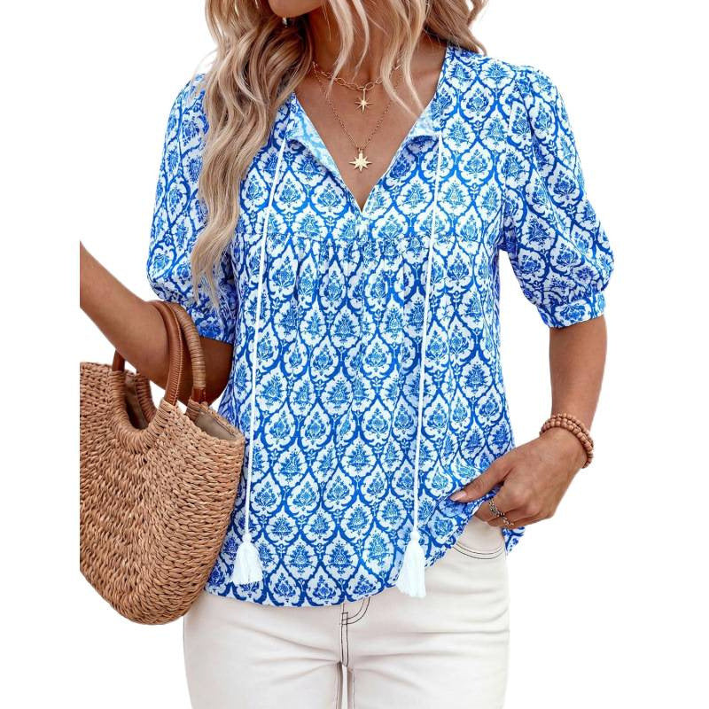 Bohemian chic short-sleeve shirt for women -  summer new arrival: tie-front v-neck printed loose-fit vacation top