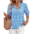 Bohemian chic short-sleeve shirt for women -  summer new arrival: tie-front v-neck printed loose-fit vacation top