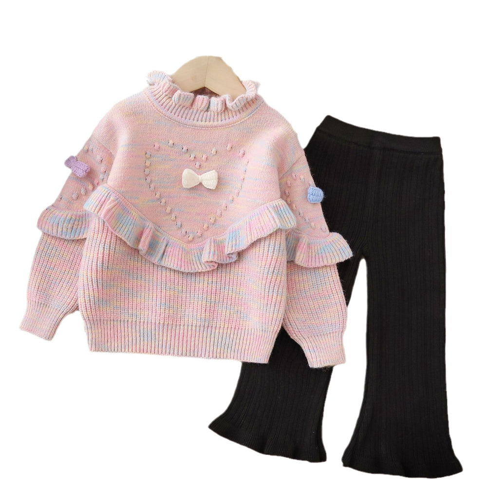 Girlsweater rainbow thread round neck fall and winternew arrival handmade flower little girl pullover sweatersuit