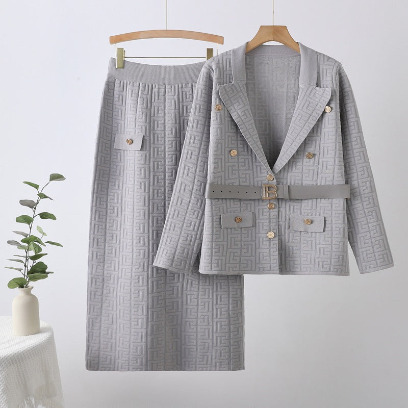 new european and american fashionable and elegant herringbone jacquard knitted export two-piece knit set dress