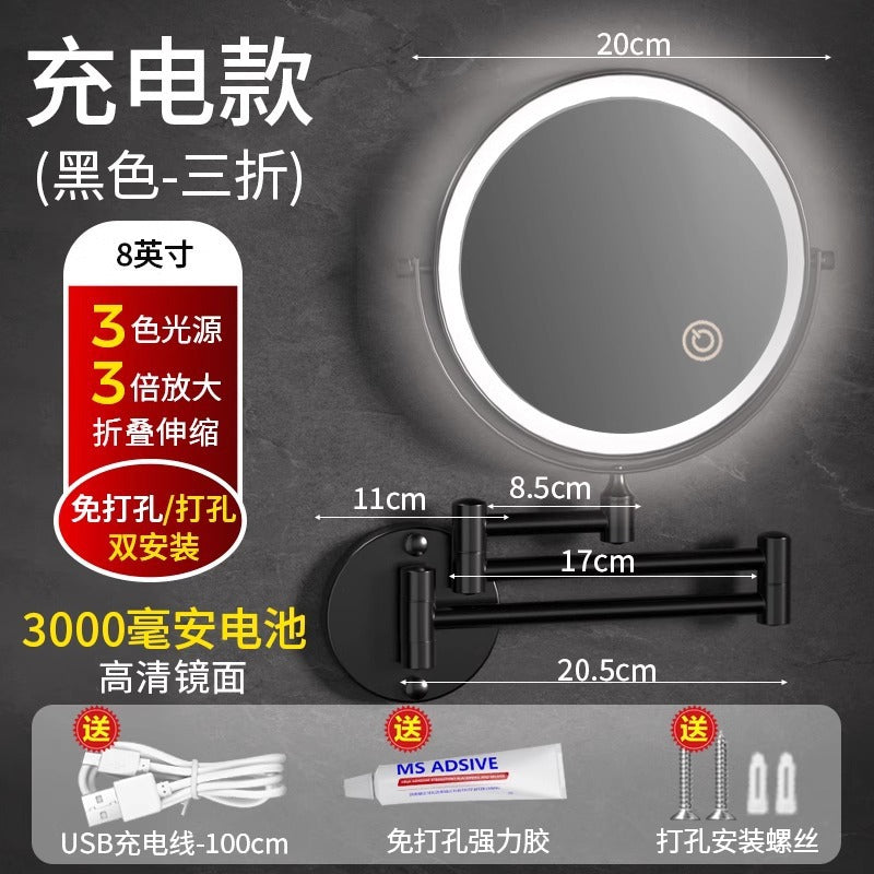 Toilet mirror folding non-punching hotel bathroom cosmetic mirror wall hanging telescopic double-sided LED beauty mirror with lamp