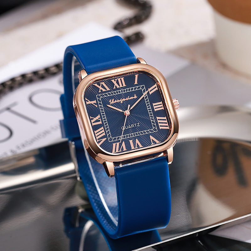 New fashion square women's watch with leather strap, roman numerals, vintage style quartz movement, versatile ladies' watch - wholesale