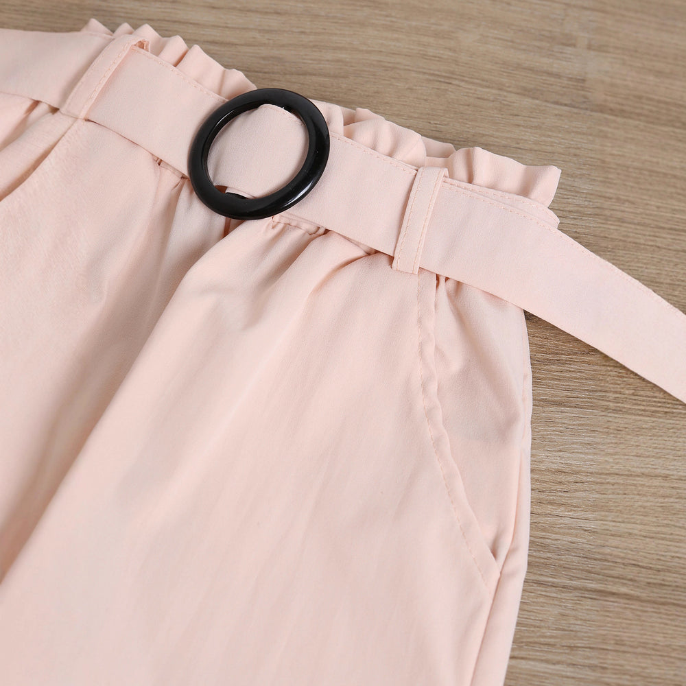 girls' summer woven cami top, off-the-shoulder, frosted button-down three-piece set with belt - toddler & little girl outfit - cross-border e-commerce