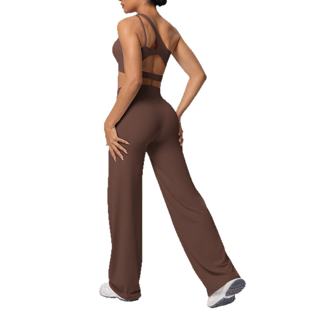 fashion double-sided nylon brushed single-shoulder yoga suit sports running fitness wide-leg two-piece set for women