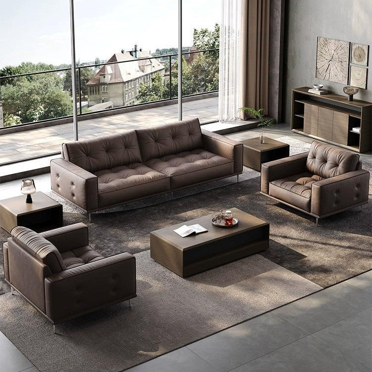 Genuine leather office sofa set - italian minimalist retro style - pull-button straight row three-seater negotiation and reception sofa