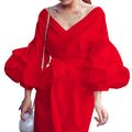 C8620  foreign trade women's fashion solid color sexy criss-cross tie-up puff sleeve v-neck blouse african top