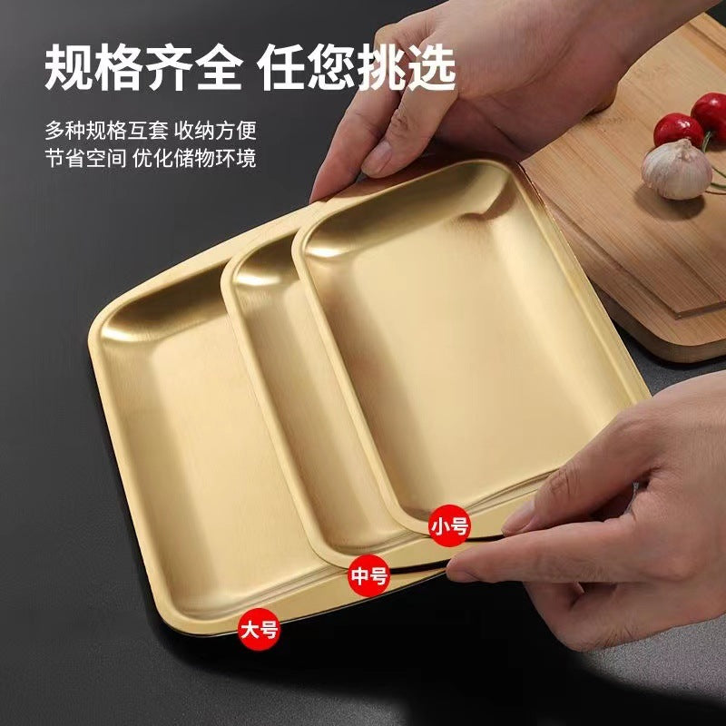 Korean style 304 stainless steel rectangular tray, thickened gold-plated bbq plate, serving dish, sushi plate, flat bottom tray, storage tray