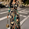 Women's elegant chain print v-neck tie-waist bodycon maxi dress, spring/autumn collection