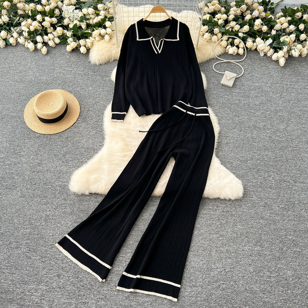 Knitting shirt two-piece set women's fall and winter lazy style easiest for matchretro lapel pullover sweaterhigh waistcasual wide-leg pants