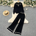 Knitting shirt two-piece set women's fall and winter lazy style easiest for matchretro lapel pullover sweaterhigh waistcasual wide-leg pants