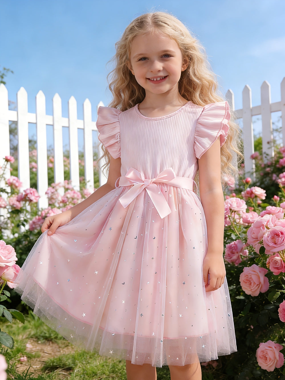 Exportgirl light purple pit strips flying sleeves gradient star mesh skirt summerkidsbows princess dress trendy