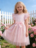 Exportgirl light purple pit strips flying sleeves gradient star mesh skirt summerkidsbows princess dress trendy