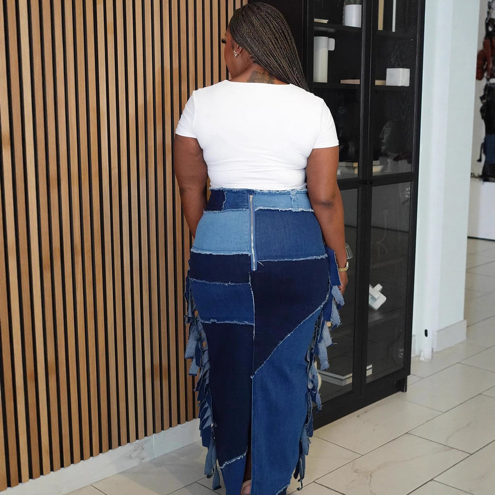 European and american style women's denim skirt - new fashion washed color block tassel high waist midi skirt for  cross-border e-commerce