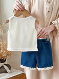 hot-selling girls' designer ribbed top with bow detail + lace-trimmed denim jeans two-piece set