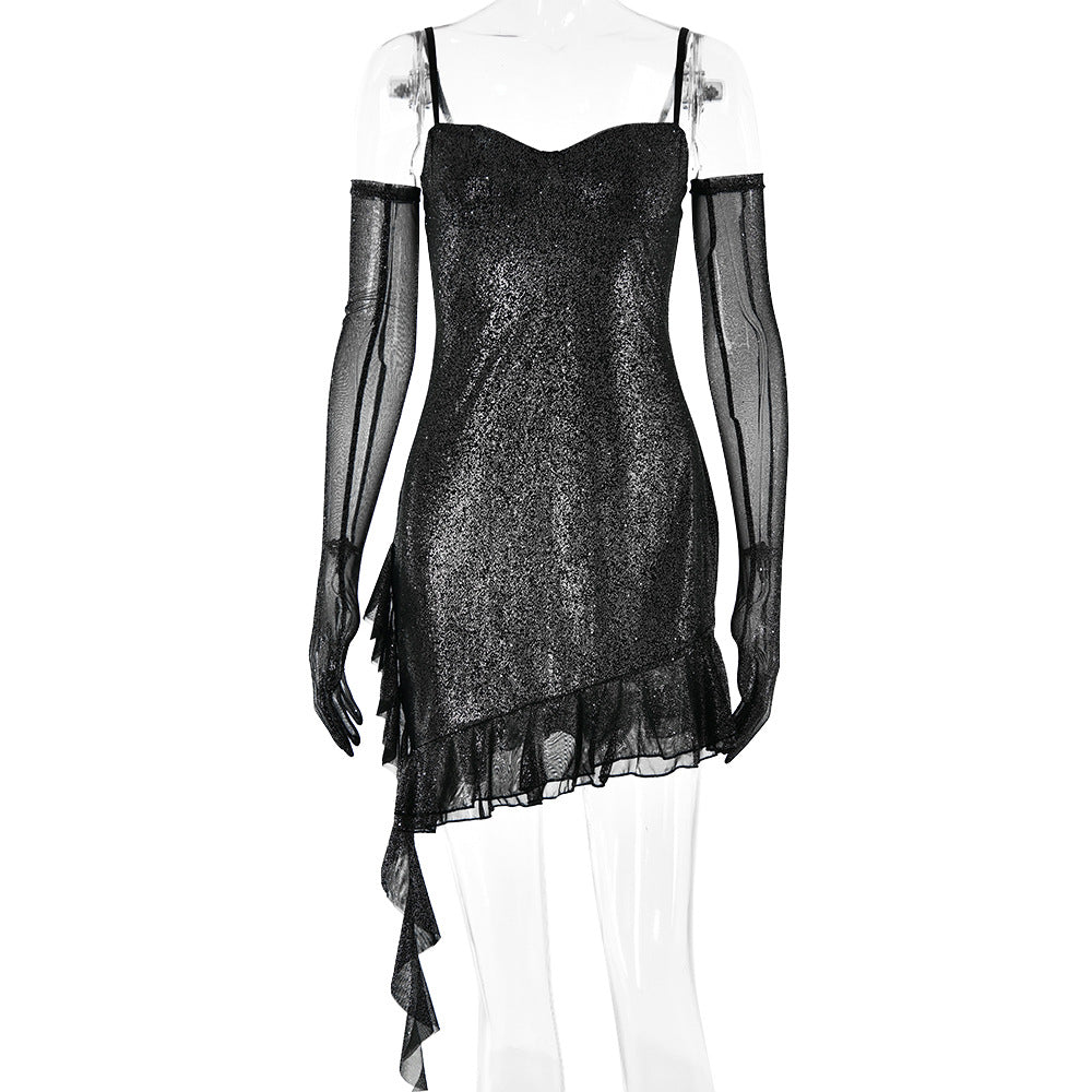 Cross-border European and American women's clothing mesh ironing silver suspender tube top dress, fashionable hot-selling sexy Spice Girl backless hip skirt