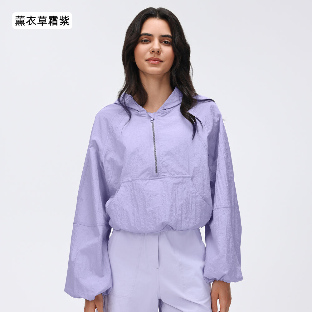 Spring half-zip hooded athletic windbreaker - women's short, loose-fit, versatile outdoor running & fitness jacket - d26004