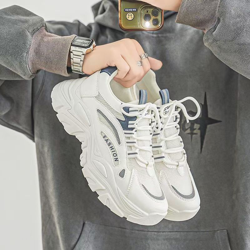 Men's winter mesh breathable youth sports anti-slip casual shoes thick sole height increasing running white dad shoes trendy sneakers