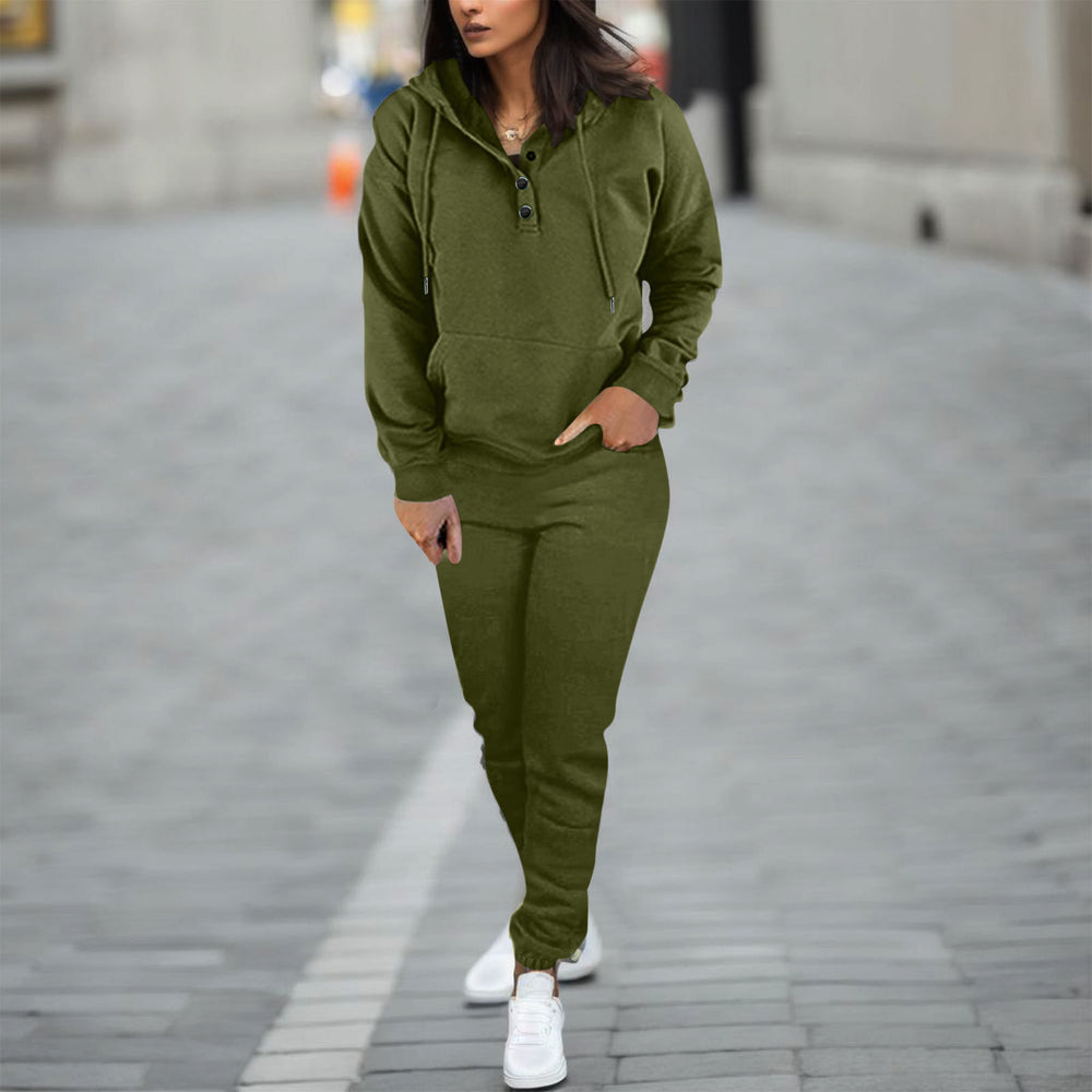 cross-border  women's solid color hooded long sleeve sweatshirt & fashionable tapered leg pants two-piece set