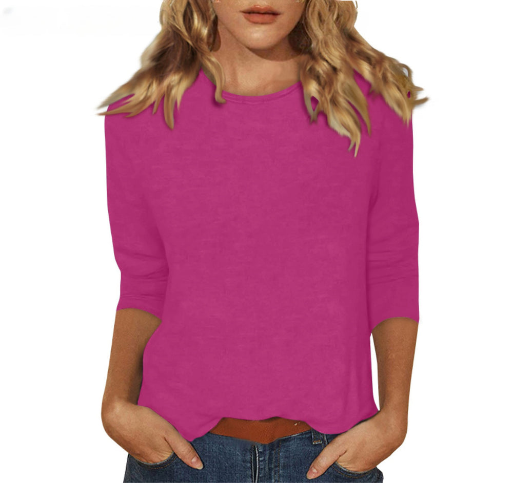 new women's crew neck t-shirt with 3/4 sleeves - solid color top for cross-border  sales