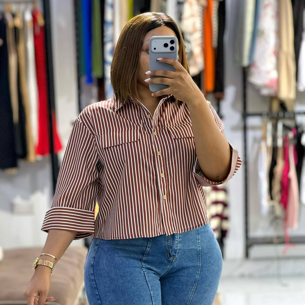 European and american cross-border women's fashion:  summer new arrival - stylish and elegant loose-fit turn-down collar design short striped blouse