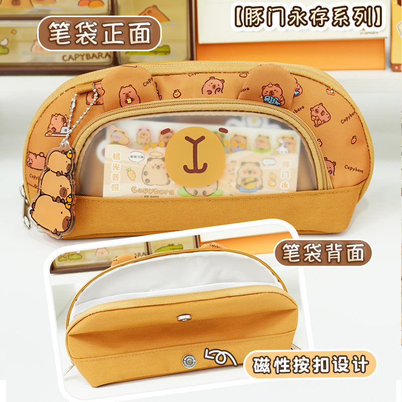 Kapibara series double zipper flip pencil case large capacity stationery case primary school pencil case high value pencil case
