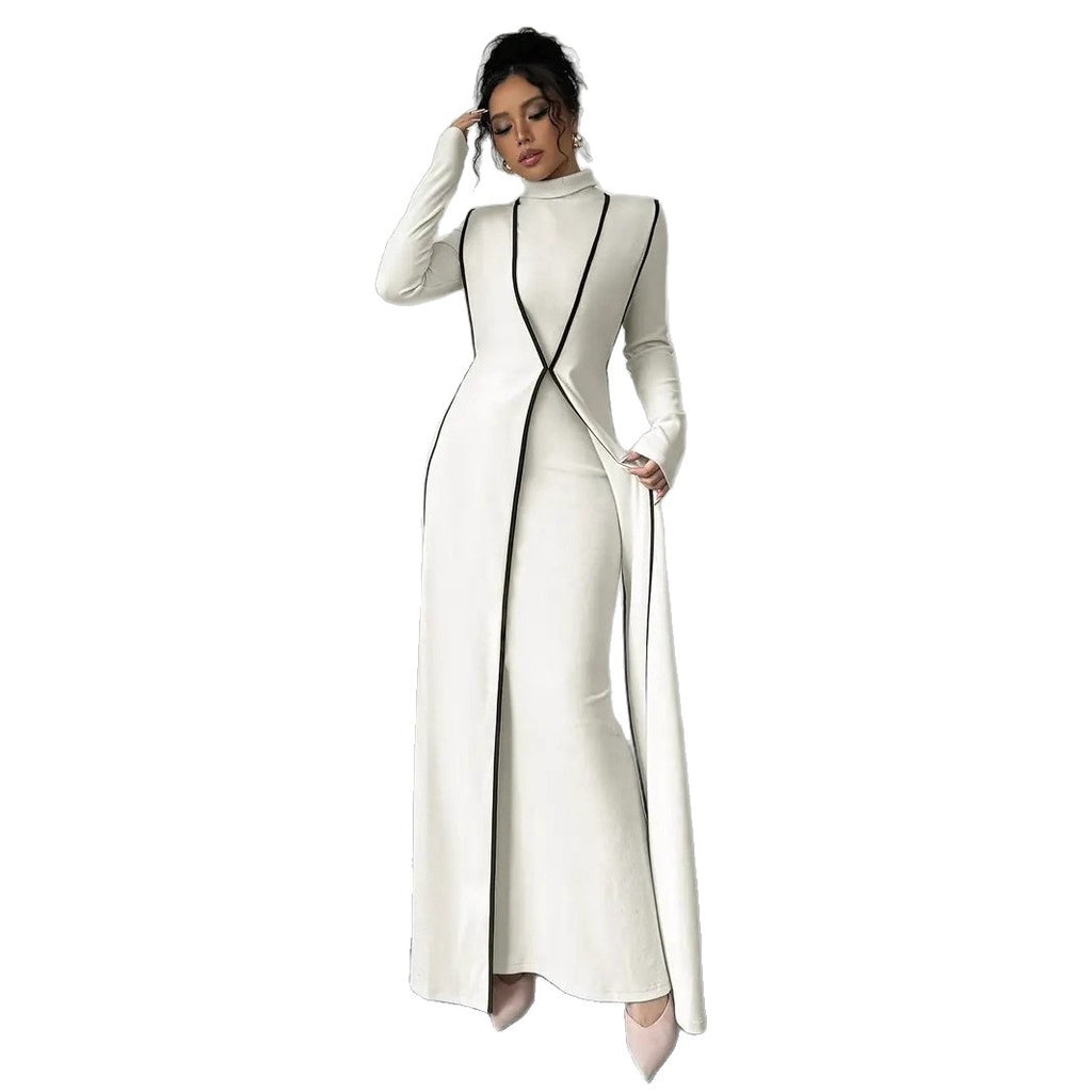 European and American  independent station women's elegant turtleneck contrasting color small pit strip vest long jacket long sleeve dress set