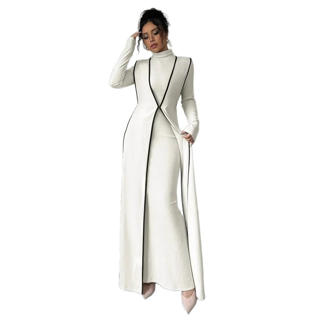 European and American  independent station women's elegant turtleneck contrasting color small pit strip vest long jacket long sleeve dress set