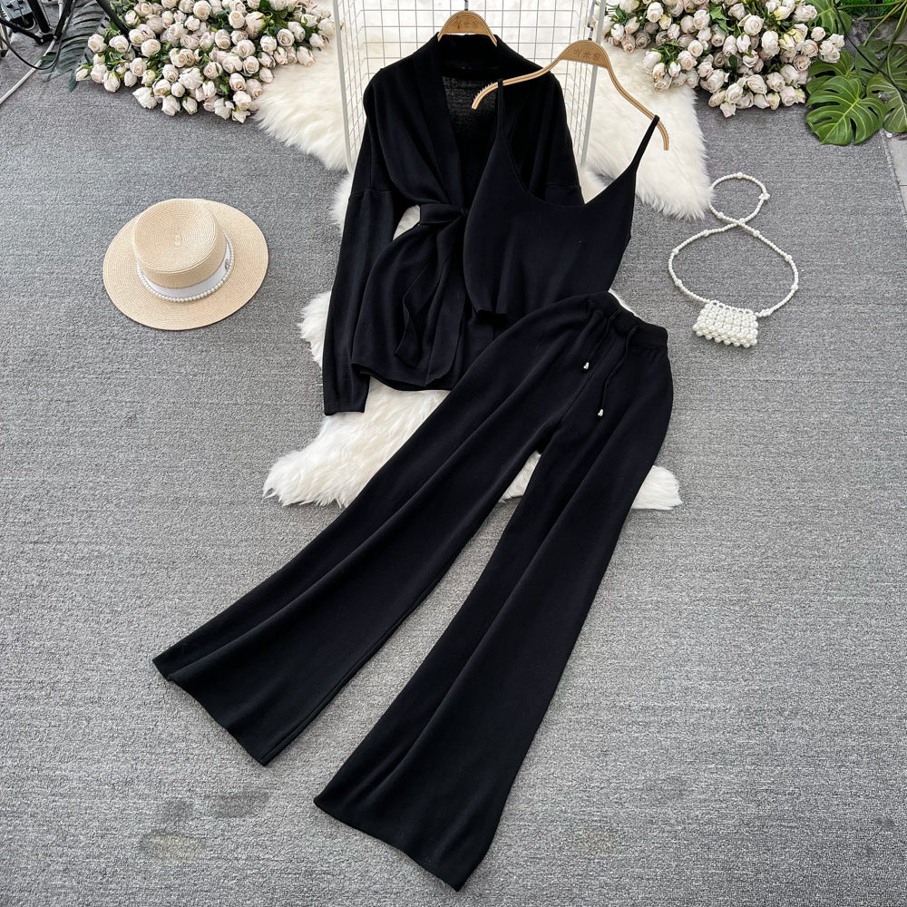 Fashionsuit female k-stylelong sleevesv neck waist knittingoutwear camisole three-piece set high waistloose pants