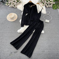 Fashionsuit female k-stylelong sleevesv neck waist knittingoutwear camisole three-piece set high waistloose pants